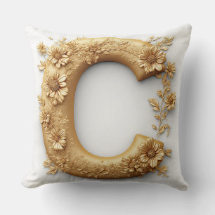 Elegant Golden Letter C with Delicate Flowers Cushion