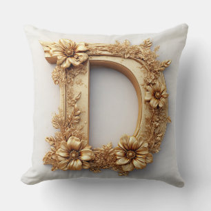 Elegant Golden Letter D with Delicate Flowers Cushion