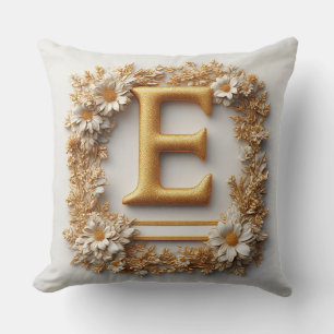 Elegant Golden Letter E with Delicate Flowers Cushion