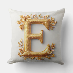 Elegant Golden Letter E with Delicate Flowers Cushion