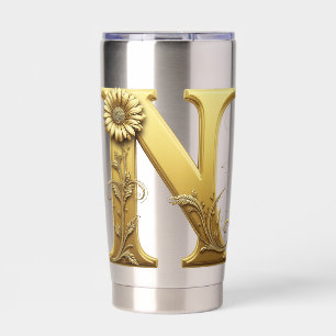 Elegant Golden Letter N With Floral Embellishments Insulated Tumbler