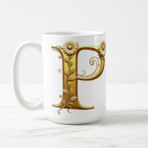 Elegant Golden Letter P With Floral Embellishments Coffee Mug