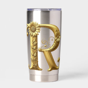 Elegant Golden Letter R With Floral Embellishments Insulated Tumbler
