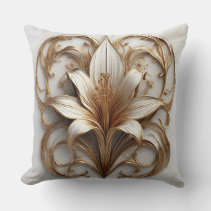 Elegant Golden Lily White Ornamental Design Cushion