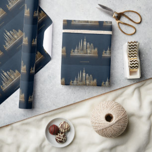 Elegant Golden London City Skyline Illustration Wrapping Paper