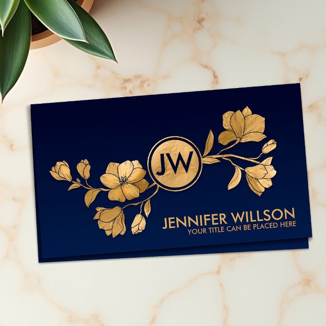 Elegant Golden Magnolia Blossom Monogram Business Card (Creator Uploaded)