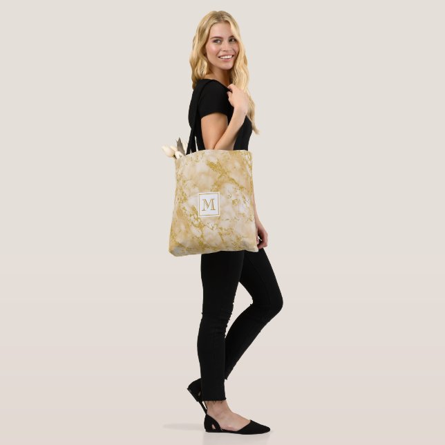 Elegant Golden Marble Monogram Faux Gold Glitter Tote Bag (On Model)