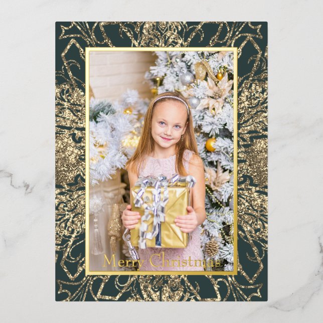 Elegant Golden Merry Christmas Photo Real Foil Holiday Postcard (Front)