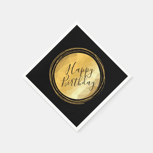Elegant golden metallic and black happy birthday napkin (Corner)