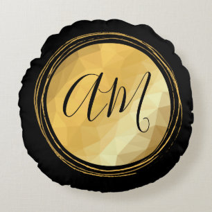 Elegant golden metallic festive initial letters round cushion