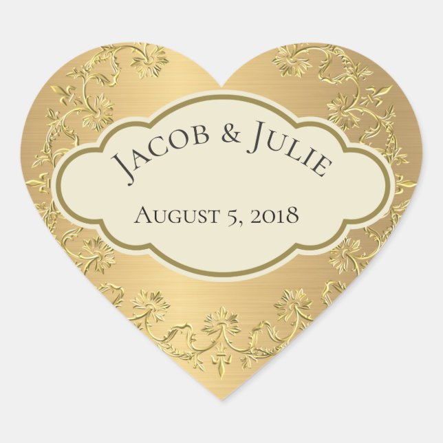 Elegant Golden Metallic Gold Leaf Heart Design Heart Sticker (Front)