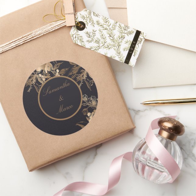 Elegant Golden Metallic Roses Floral Wedding Class Classic Round Sticker (Gifting)
