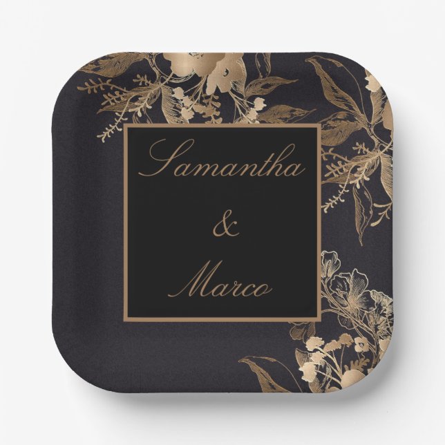 Elegant Golden Metallic Roses Floral Wedding Paper Plate (Front)