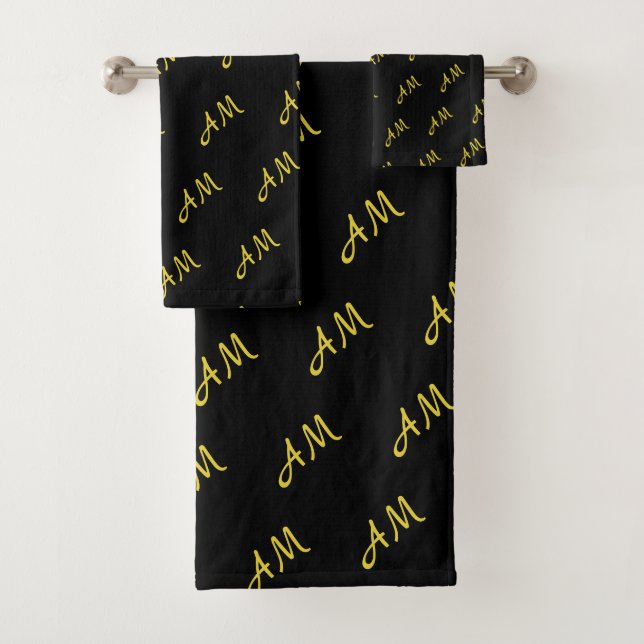 Elegant Golden Monogram on Black Bath Towel Set (Insitu)