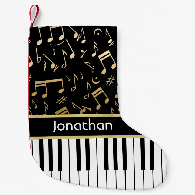 Elegant golden music notes piano keys small christmas stocking (Front)