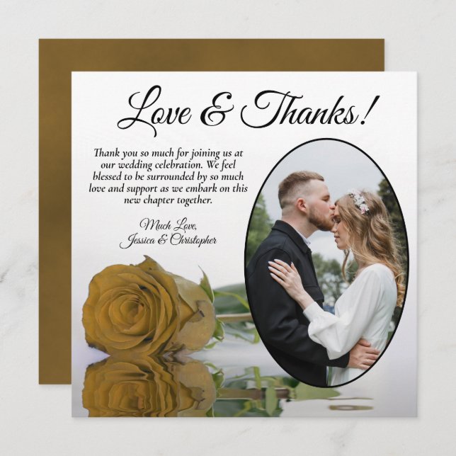 Elegant Golden Ochre Rose Oval Photo Wedding Thank You Card (Front/Back)