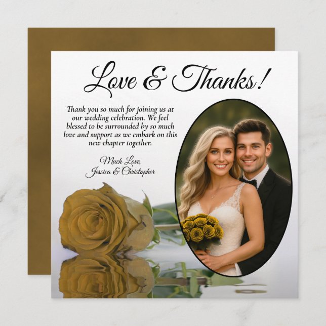 Elegant Golden Ochre Rose Oval Photo Wedding Thank You Card (Front/Back)