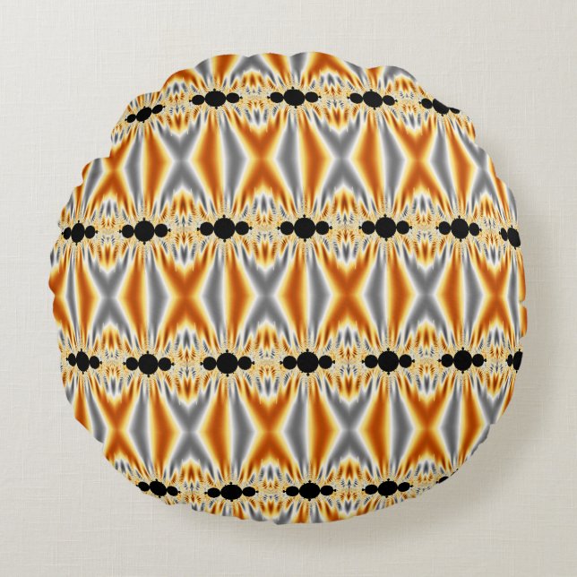 Elegant Golden Orange & Silver Fractal Round Cushion (Front)