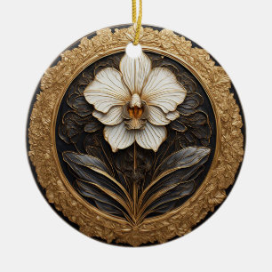 Elegant Golden Orchid Design Ceramic Ornament