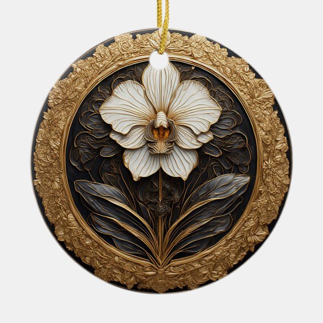 Elegant Golden Orchid Design Ceramic Ornament (Front)