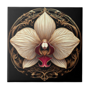 Elegant Golden Orchid Design Ceramic Tile