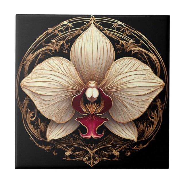 Elegant Golden Orchid Design Ceramic Tile (Front)