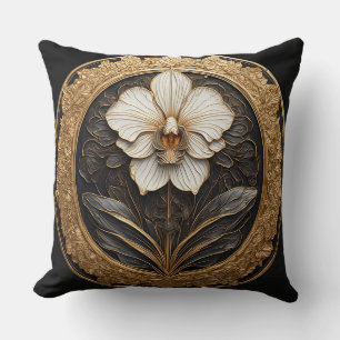Elegant Golden Orchid Design Cushion
