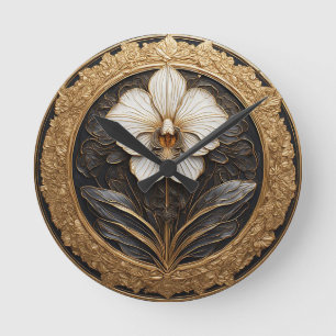Elegant Golden Orchid Design Round Clock