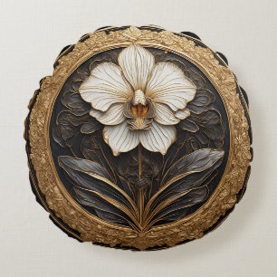 Elegant Golden Orchid Design Round Cushion