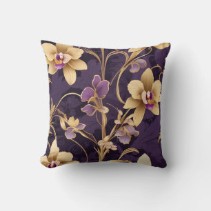 Elegant Golden Orchid Flowers on Royal Purple Cushion