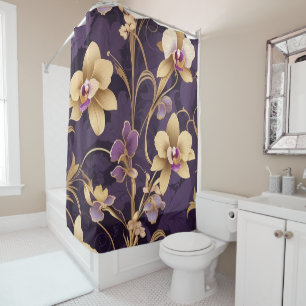 Elegant Golden Orchid Flowers on Royal Purple Shower Curtain