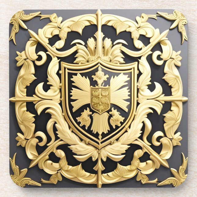 Elegant Golden Ornamental Crest with Shield Coaster (Front)