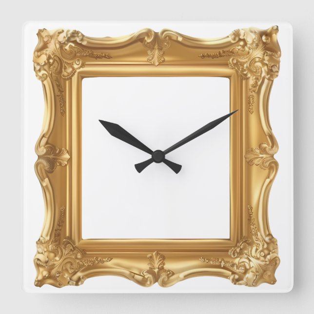 Elegant Golden Ornate Frame Square Wall Clock (Front)