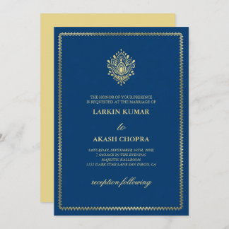 Elegant Golden Paisley Dodger Blue Wedding Invitation