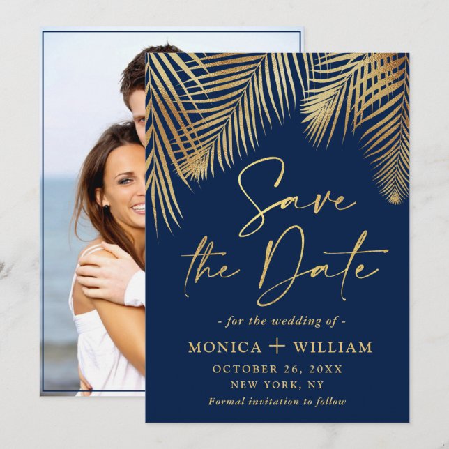 Elegant Golden Palm Branch Wedding Photo Save The Date (Front/Back)