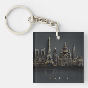 Elegant Golden Paris City Skyline Illustration Key Ring