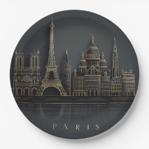 Elegant Golden Paris City Skyline Illustration Paper Plate
