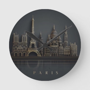 Elegant Golden Paris City Skyline Illustration Round Clock