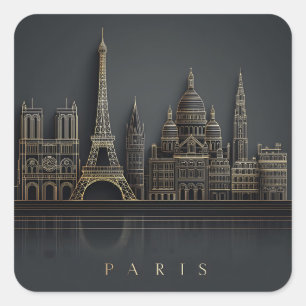 Elegant Golden Paris City Skyline Illustration Square Sticker