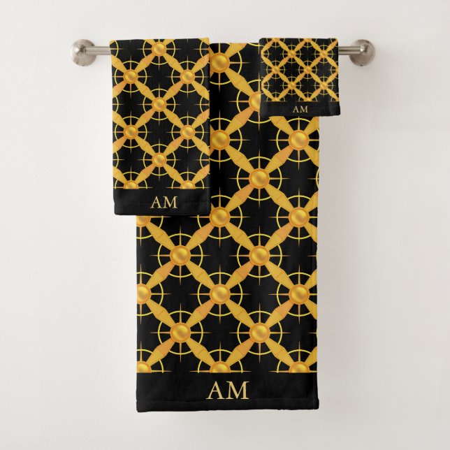 Elegant Golden Pattern and Monogram on Black Bath Towel Set (Insitu)