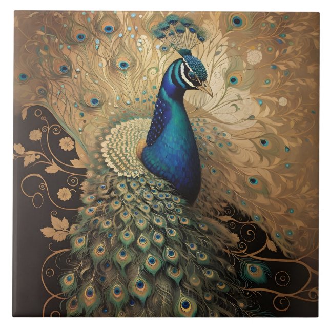 Elegant Golden Peacock Bird Ceramic Tile (Front)