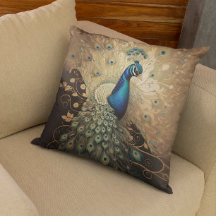 Elegant Golden Peacock Bird Cushion