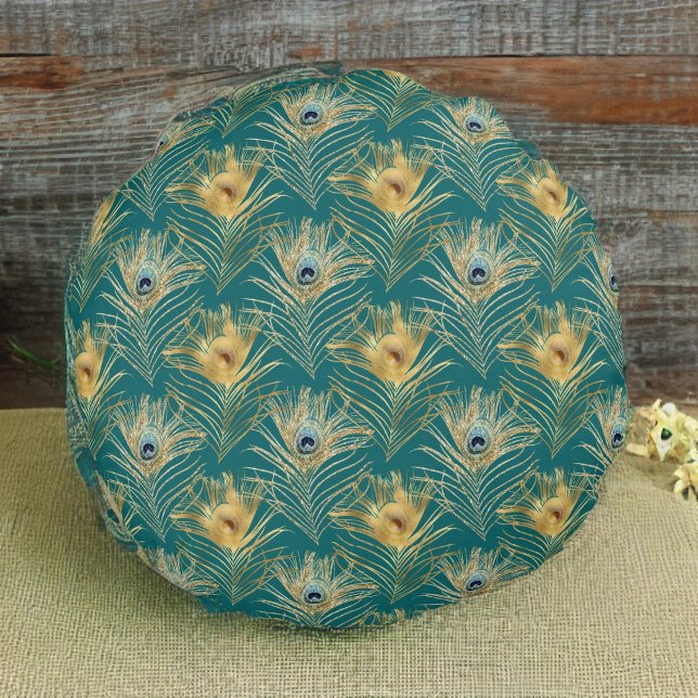 Elegant Golden Peacock Feathers on Boho Green Round Cushion (Creator Uploaded)