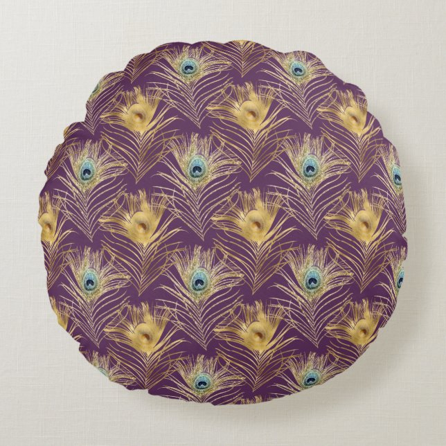 Elegant Golden Peacock Feathers on Purple Round Cushion (Front)