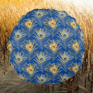Elegant Golden Peacock Feathers on Royal Blue Round Cushion