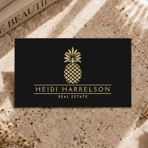 Elegant Golden Pineapple Logo on Black Business Card
