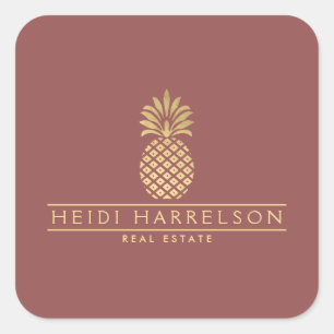 Elegant Golden Pineapple Logo on Dusky Red Square Sticker