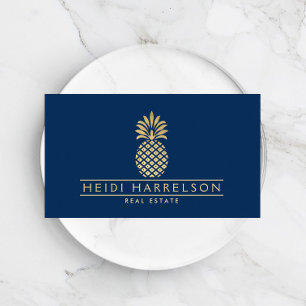Elegant Golden Pineapple Logo on Navy Blue Business Card