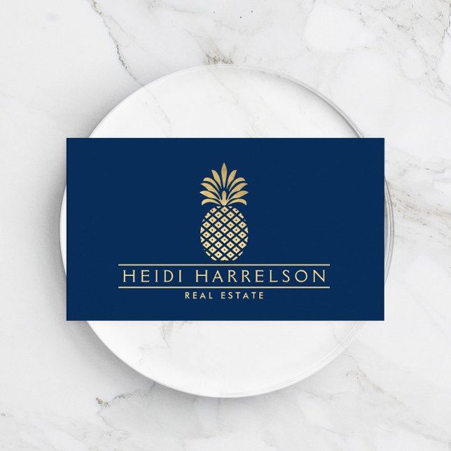Elegant Golden Pineapple Logo on Navy Blue Business Card (Creator Uploaded)