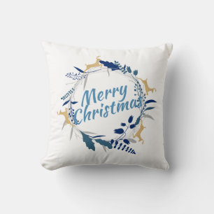 Elegant Golden Reindeer Floral Christmas Wreath Cushion